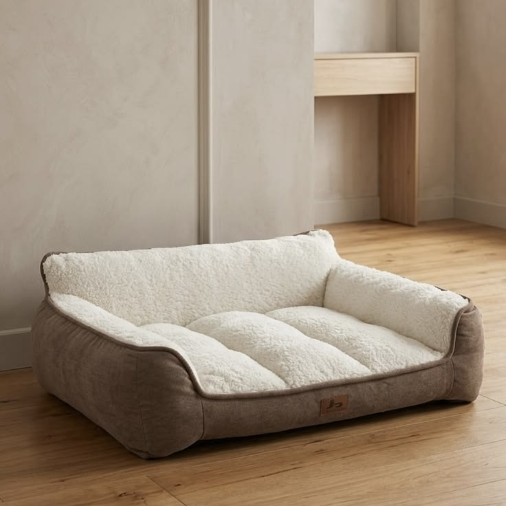 Plush Bolster Dog Bed with Soft Sherpa Sleeping Surface – Beige & Cream