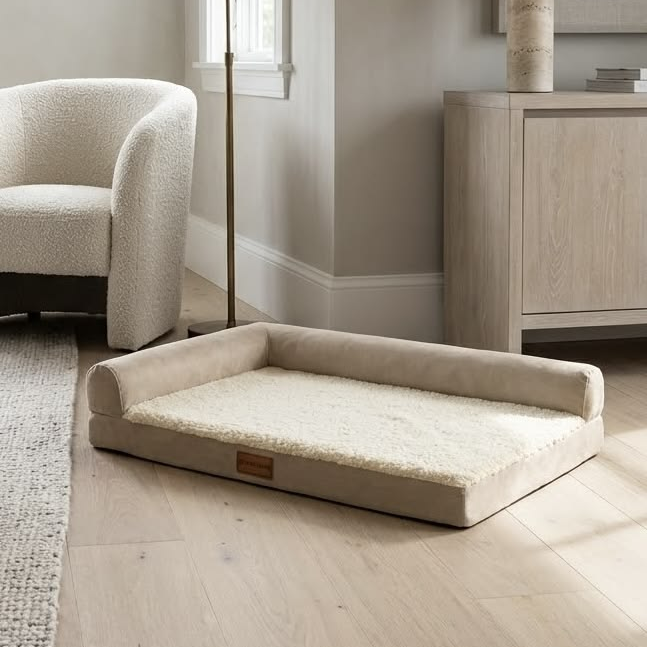 Low-Profile Plush Bolster Dog Bed with Sherpa-Style Sleeping Surface – Beige & Cream