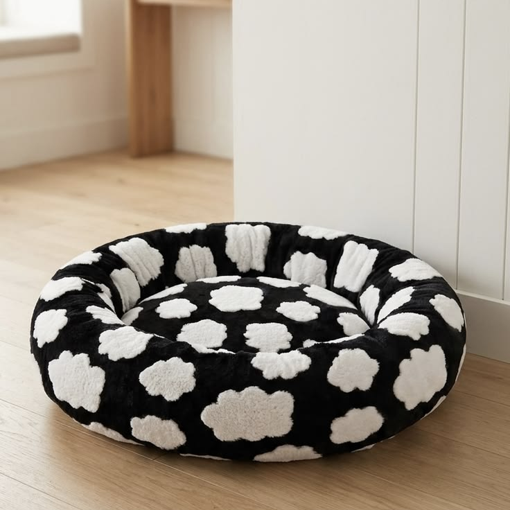 Round Plush Bolster Dog Bed with Cushioned Center – Black & Cream