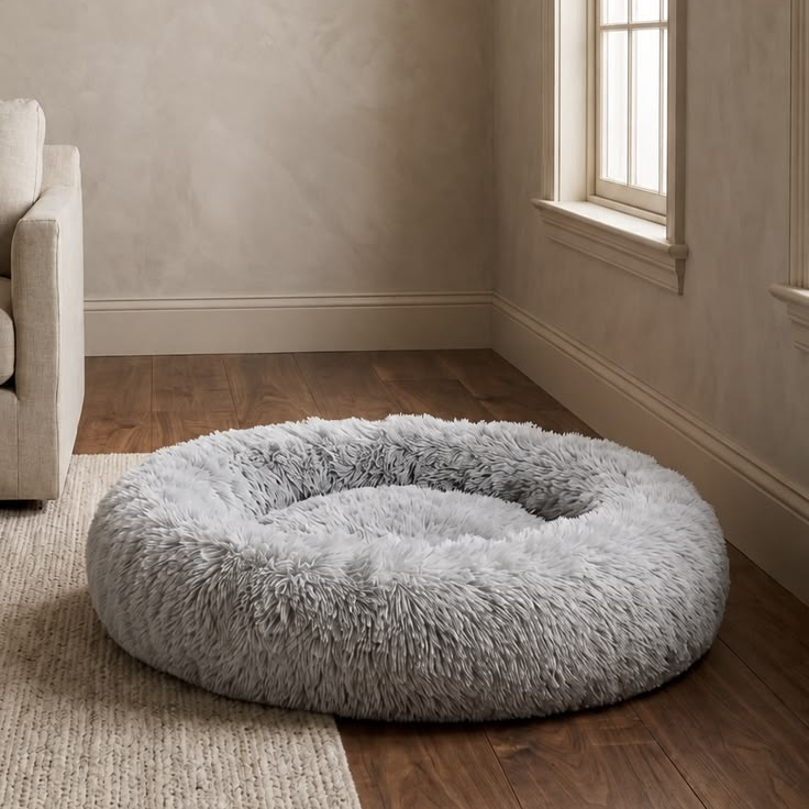 Round Plush Donut Dog Bed with Raised Bolster Rim – Light Gray
