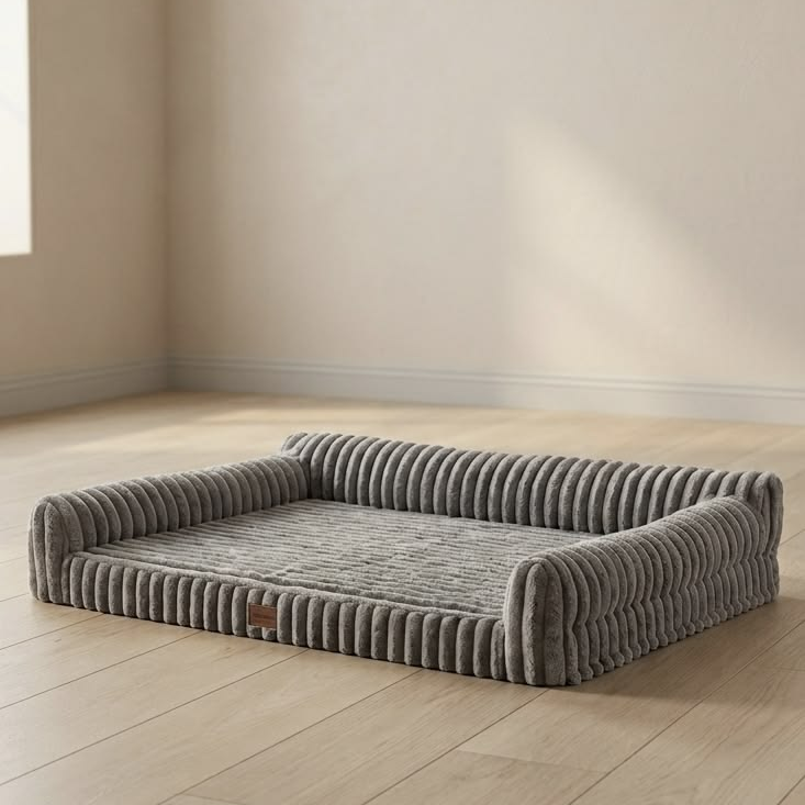 Rectangular Corduroy Bolster Dog Bed with Cushioned Base – Gray