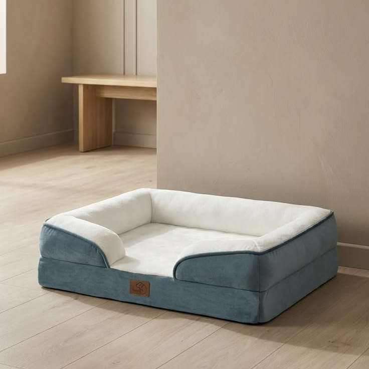 Rectangular Plush Bolster Dog Bed with Low Front Entry – Blue & White