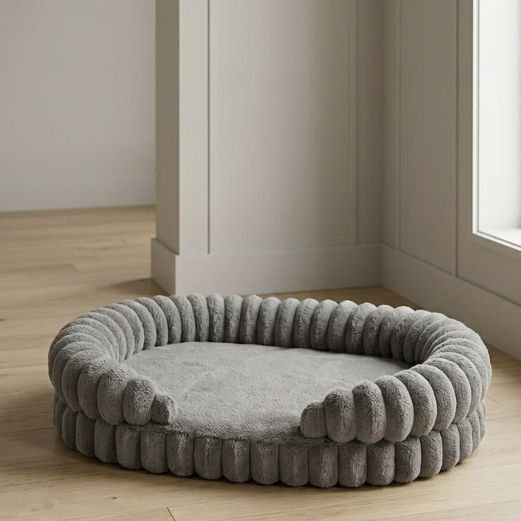 Round Ribbed Plush Bolster Dog Bed with Cushioned Center – Light Gray