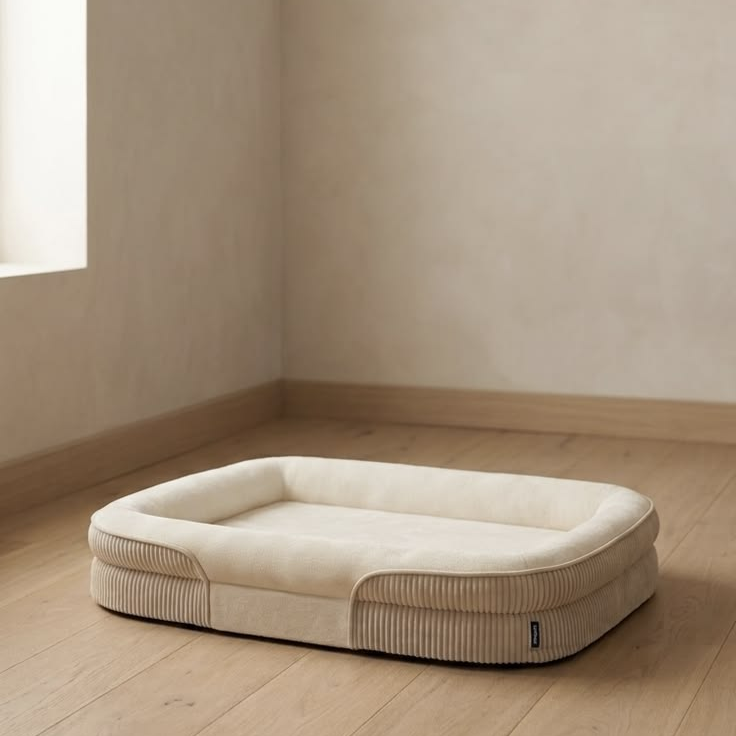 Rectangular Plush Bolster Dog Bed with Ribbed Exterior and Low Front Entry – Cream & Beige